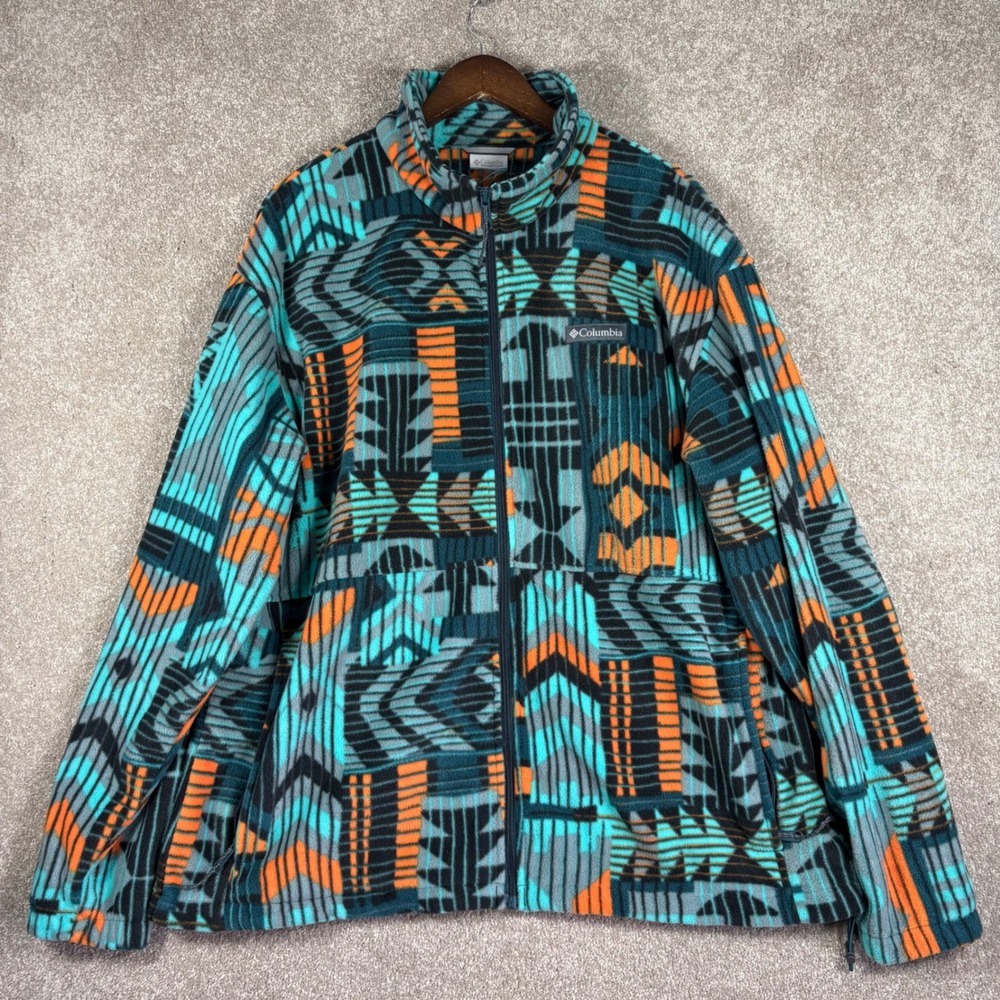 Columbia Mens XXL Fleece Jacket Full Zip Geometric Southwestern Teal Orange